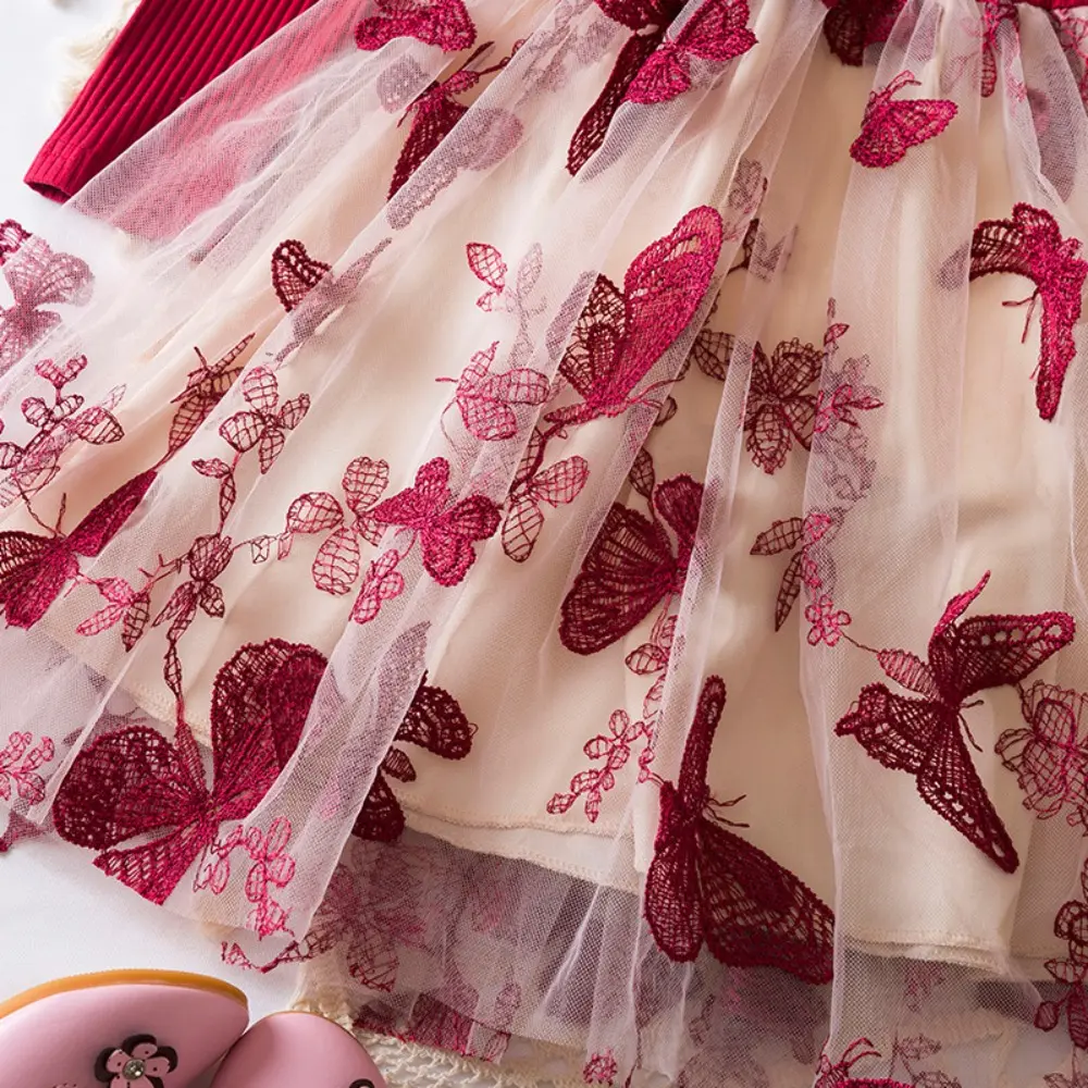 Bear Leader Autumn New Square Neck Girls Dresses Long Sleeved Butterfly Mesh Patchwork Princess Dress Red Christmas Kids Wear