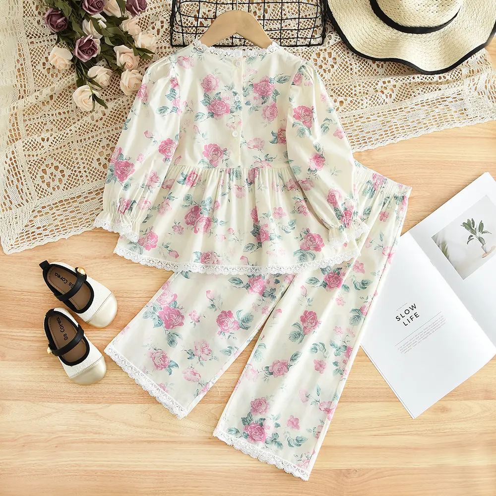 Bear Leader Children's Clothing Pink Sweet Style Girl Clothes Autumn Long Sleeved Floral Print Top+wide Leg Pants 2-piece Sets