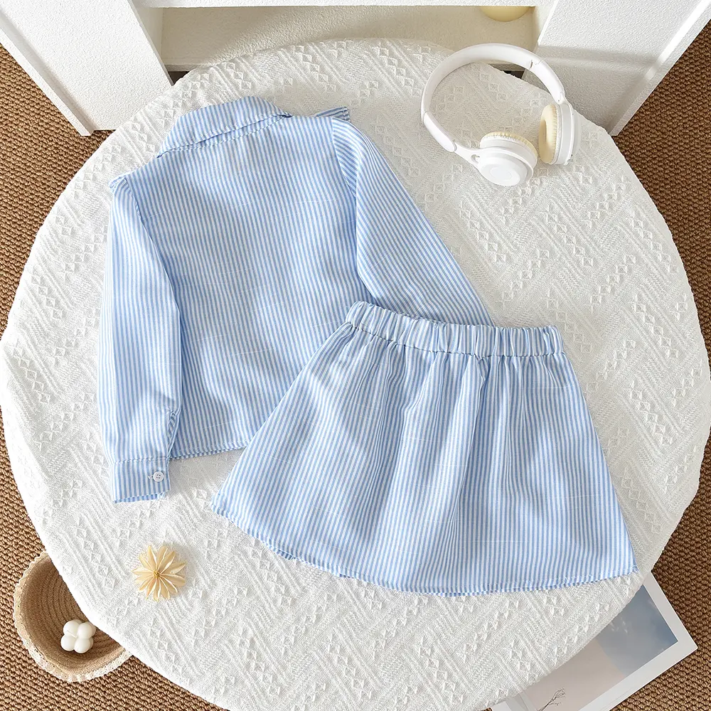 Bear Leader Autumn Fashion New Blue Girls' Set Striped Printed Long Sleeved Shirt Top and Pleated Skirt Children's Casual Wear