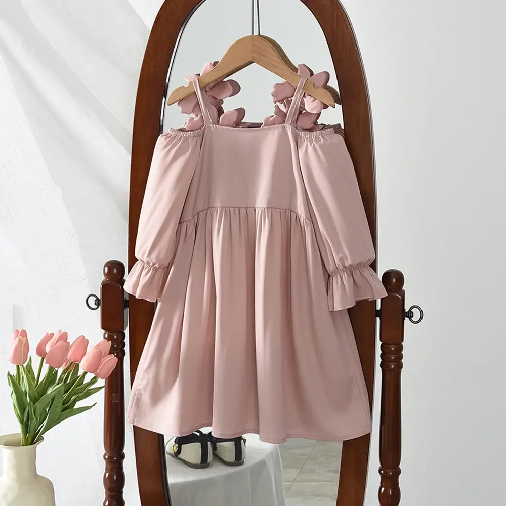 Bear Leader Autumn Pink Long Sleeved off shoulder Girls Dress Fashionable 3D Flower Princess Dresses Birthday Party Kids Wear