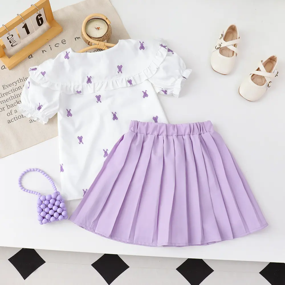 Bear Leader Baby Girls Clothing Rabbit Printed Lapel Top+Pleated Skirt Set 2 Pieces Suits Kids Fashion Clothes Sets 3-7 Years