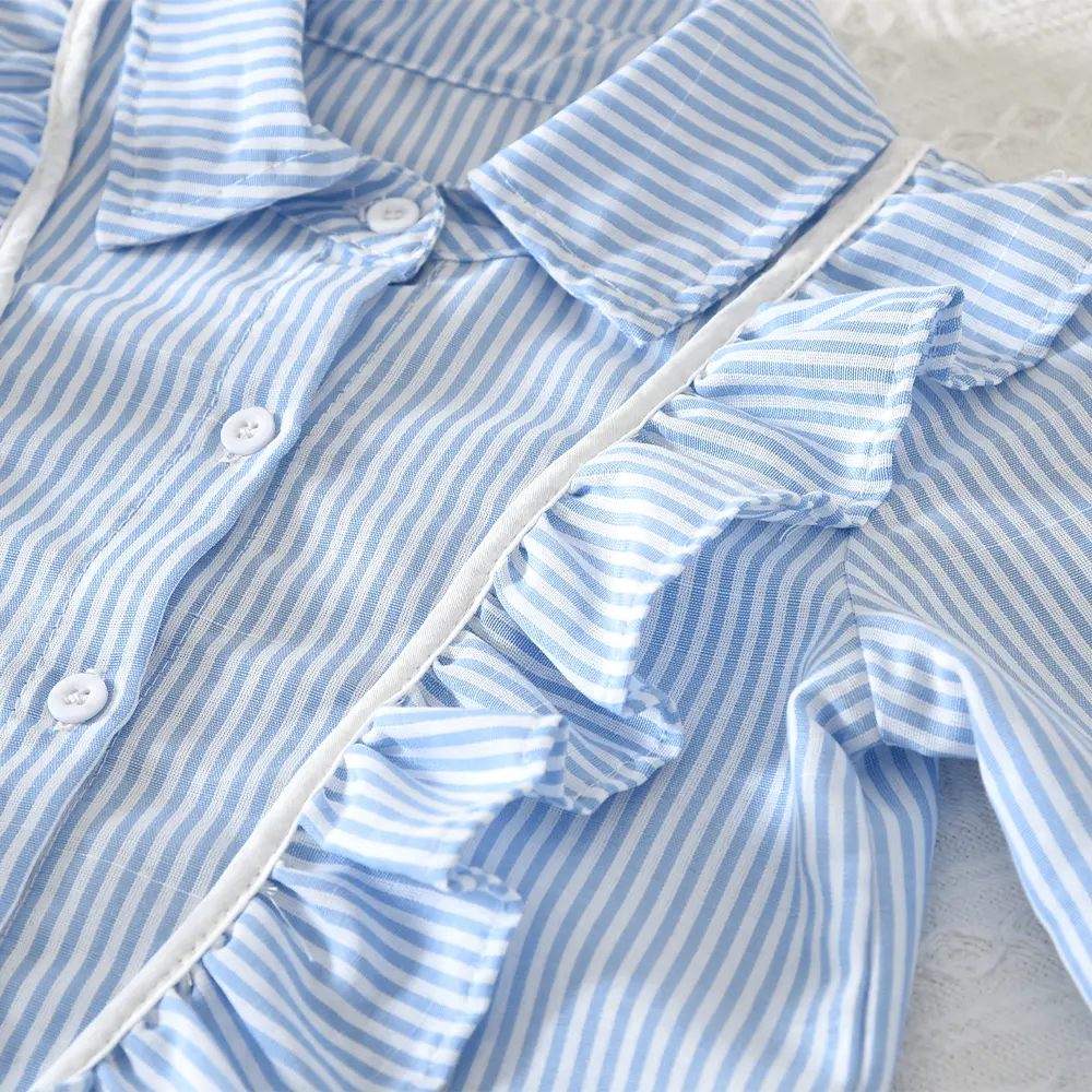 Bear Leader Autumn Fashion New Blue Girls' Set Striped Printed Long Sleeved Shirt Top and Pleated Skirt Children's Casual Wear