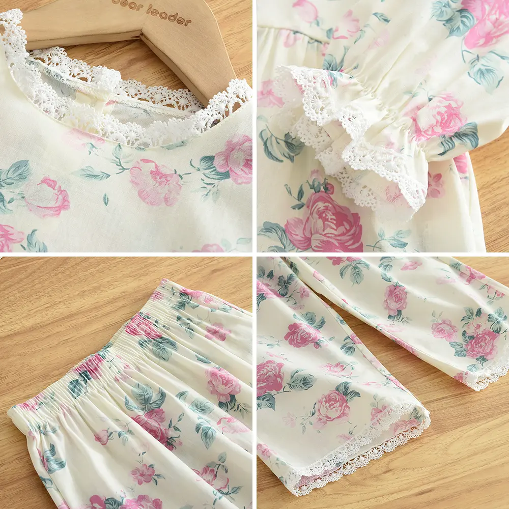 Bear Leader Children's Clothing Pink Sweet Style Girl Clothes Autumn Long Sleeved Floral Print Top+wide Leg Pants 2-piece Sets