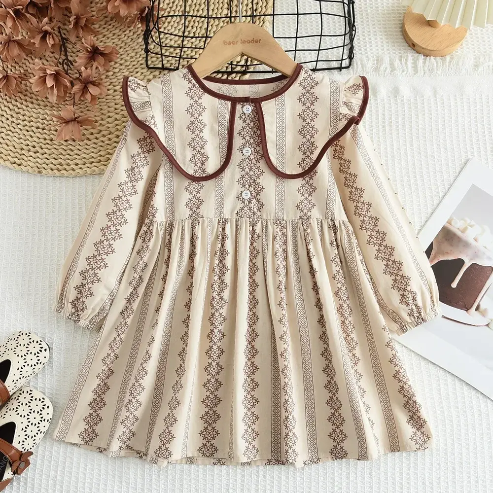 Bear Leader Autumn Spring New Girls' Dress Fashion Cute Doll Neck Flower Print Dress Children's Girls Long Sleeve Princess Dress