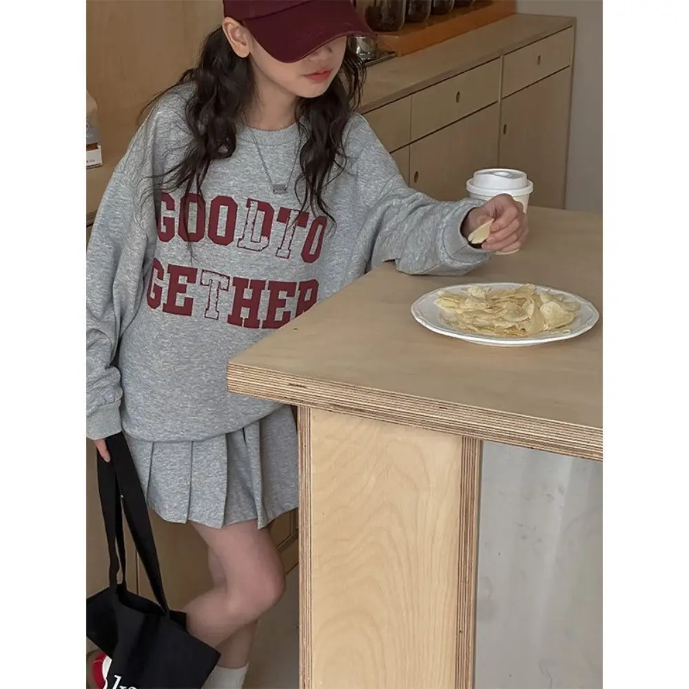 Bear Leader Korean Version Gray Kids Clothes Girls Fashionable New Letter Printed Long Sleeved Top + Short Skirt Two-piece Set