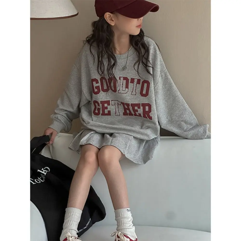Bear Leader Korean Version Gray Kids Clothes Girls Fashionable New Letter Printed Long Sleeved Top + Short Skirt Two-piece Set