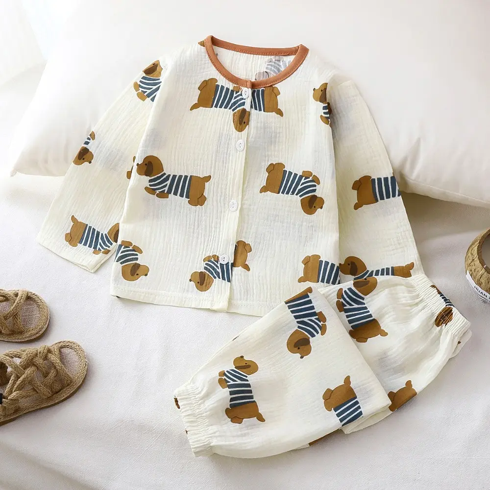 Bear Leader Fashion Boys' Home Clothes Cartoon Printed Long Sleeved Single Breasted Top+Pants 2-piece Set Floral Girls' Clothing