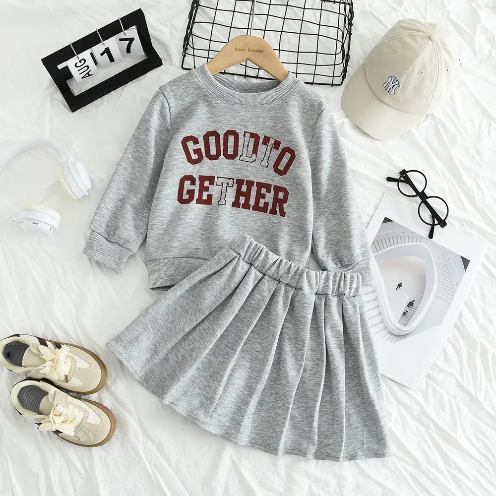 Bear Leader Korean Version Gray Kids Clothes Girls Fashionable New Letter Printed Long Sleeved Top + Short Skirt Two-piece Set