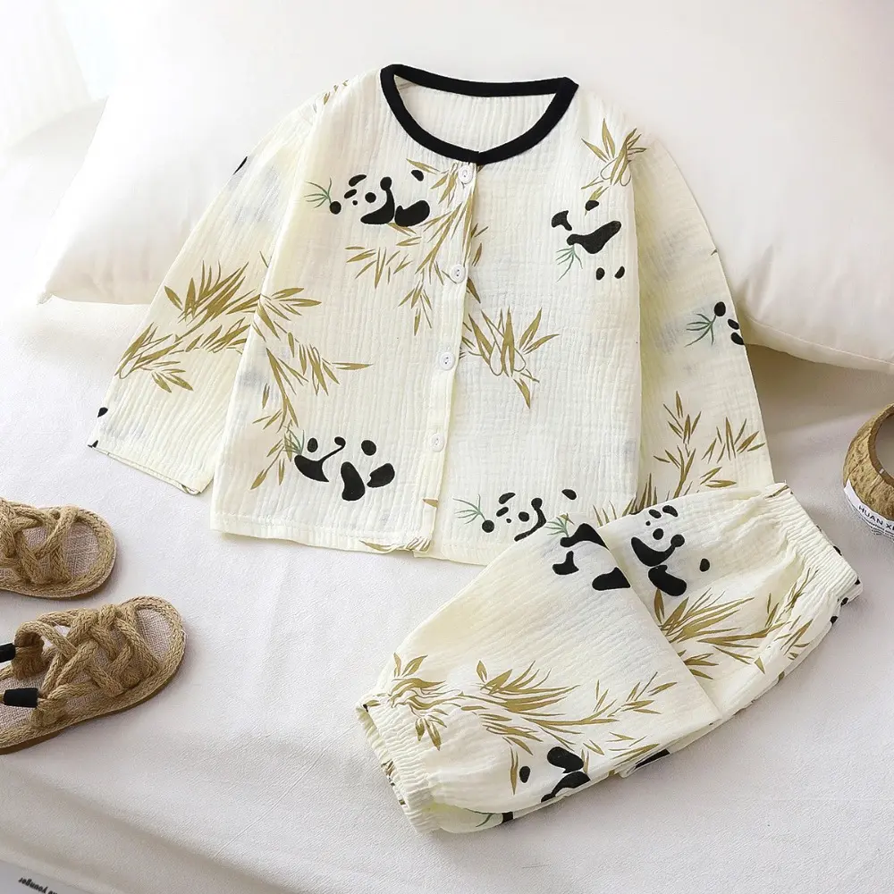 Bear Leader Fashion Boys' Home Clothes Cartoon Printed Long Sleeved Single Breasted Top+Pants 2-piece Set Floral Girls' Clothing