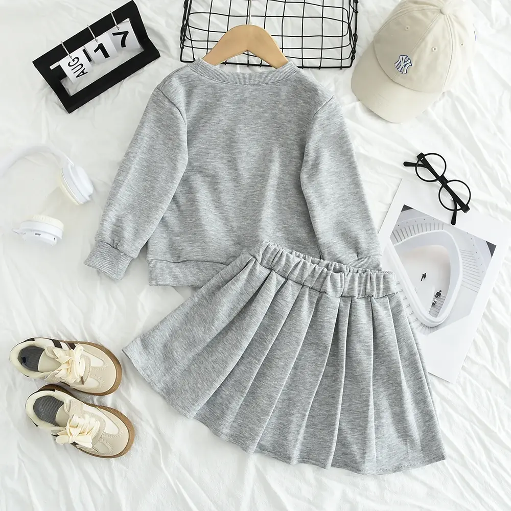 Bear Leader Korean Version Gray Kids Clothes Girls Fashionable New Letter Printed Long Sleeved Top + Short Skirt Two-piece Set