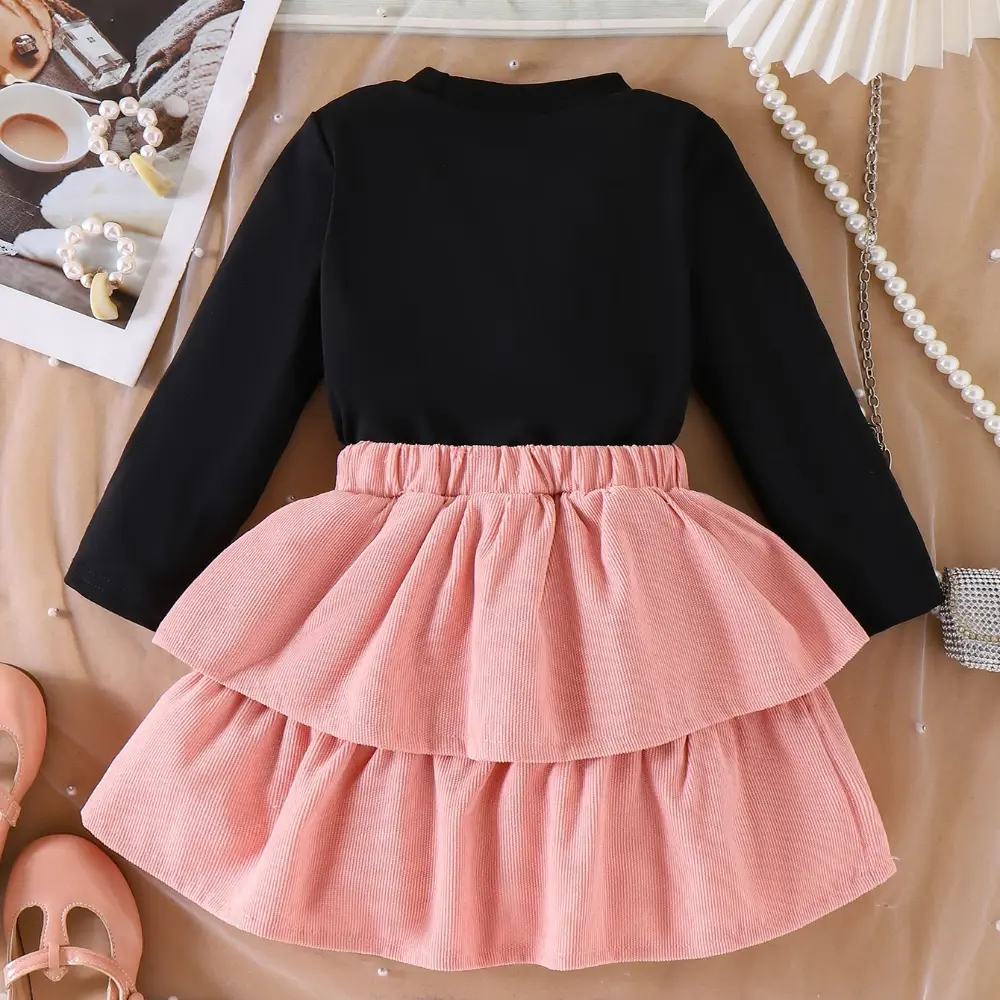 Bear Leader Spring Solid Color Girls' Set Autumn Bow Print Long Sleeved Top+Pink Short Skirt European Style Children's Clothing