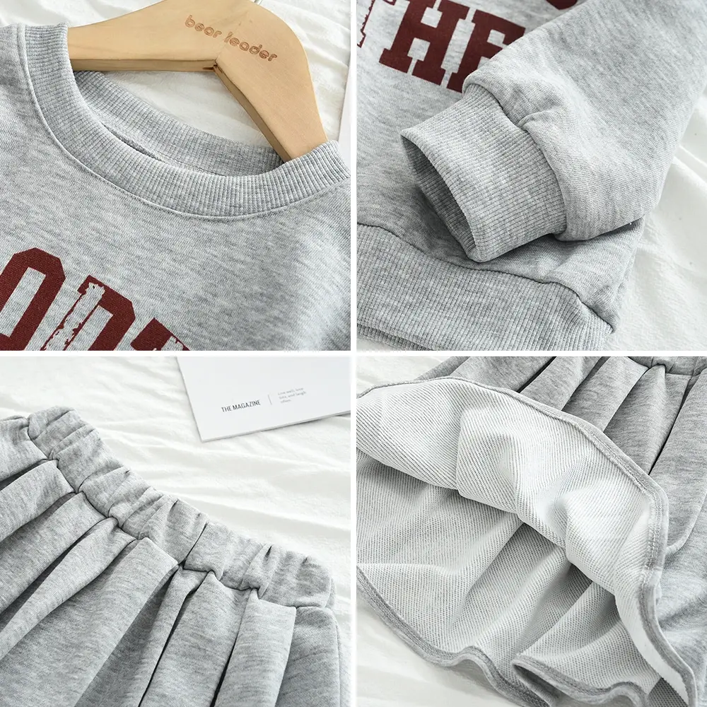 Bear Leader Korean Version Gray Kids Clothes Girls Fashionable New Letter Printed Long Sleeved Top + Short Skirt Two-piece Set