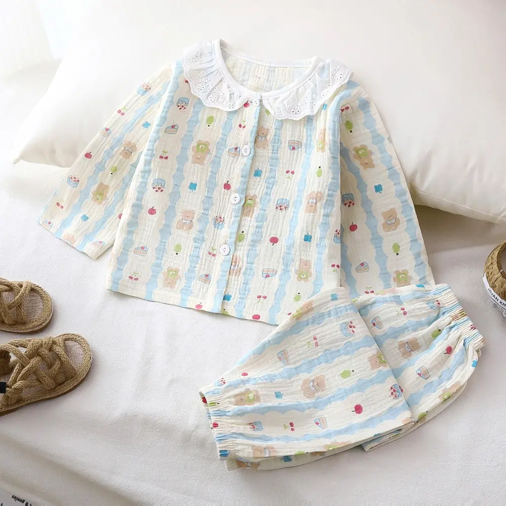 Bear Leader Fashion Boys' Home Clothes Cartoon Printed Long Sleeved Single Breasted Top+Pants 2-piece Set Floral Girls' Clothing
