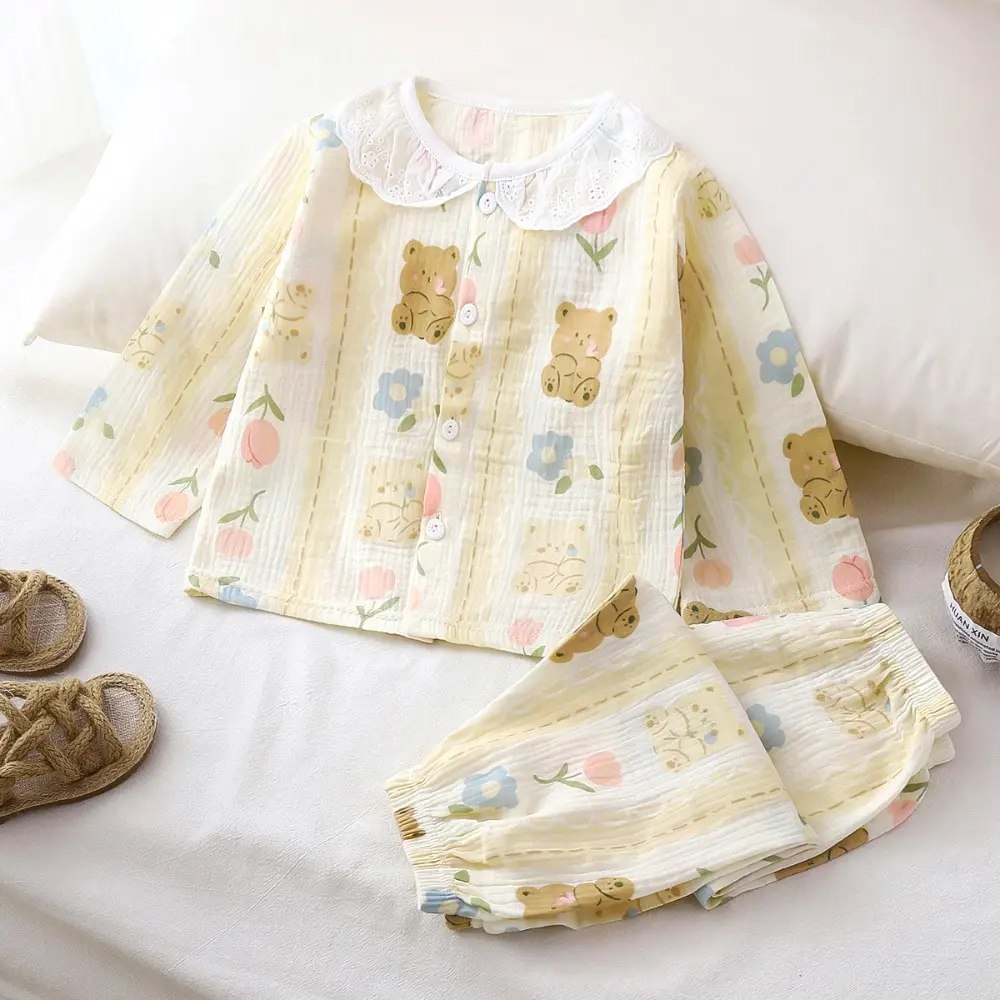 Bear Leader Fashion Boys' Home Clothes Cartoon Printed Long Sleeved Single Breasted Top+Pants 2-piece Set Floral Girls' Clothing