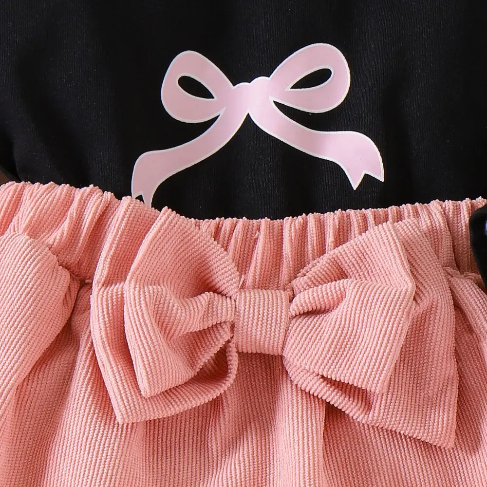 Bear Leader Spring Solid Color Girls' Set Autumn Bow Print Long Sleeved Top+Pink Short Skirt European Style Children's Clothing