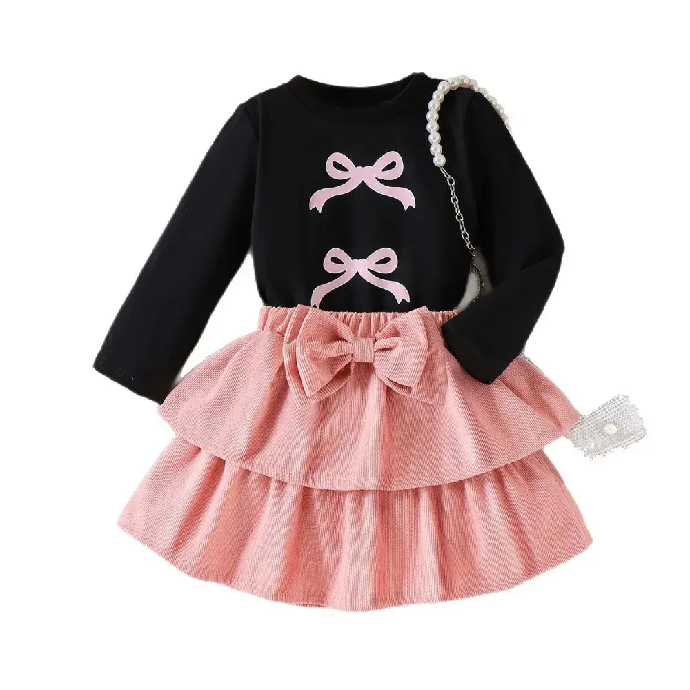 Bear Leader Spring Solid Color Girls' Set Autumn Bow Print Long Sleeved Top+Pink Short Skirt European Style Children's Clothing