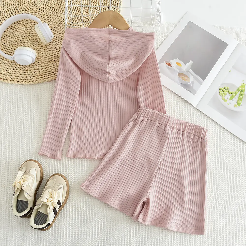 Bear Leader Spring Autumn Plain Colour Sports Kids Clothes Girls Outfits Pink Hooded Long Sleeved Top+shorts 2-piece Set