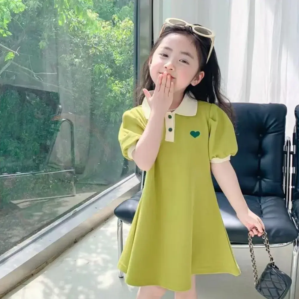 Bear Leader Fashion Love Printed Girls Dress Short Sleeve Collar Solid Color Children's Wear Summer Daily Casual Kids Dresses