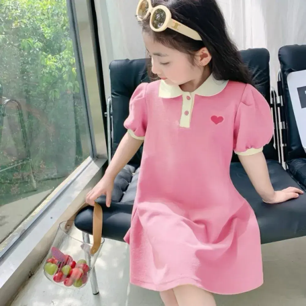 Bear Leader Fashion Love Printed Girls Dress Short Sleeve Collar Solid Color Children's Wear Summer Daily Casual Kids Dresses
