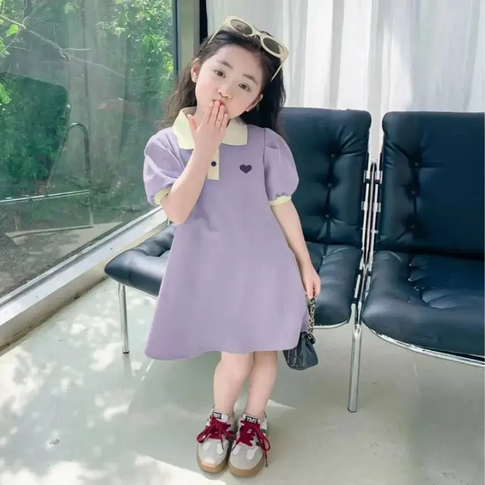 Bear Leader Fashion Love Printed Girls Dress Short Sleeve Collar Solid Color Children's Wear Summer Daily Casual Kids Dresses