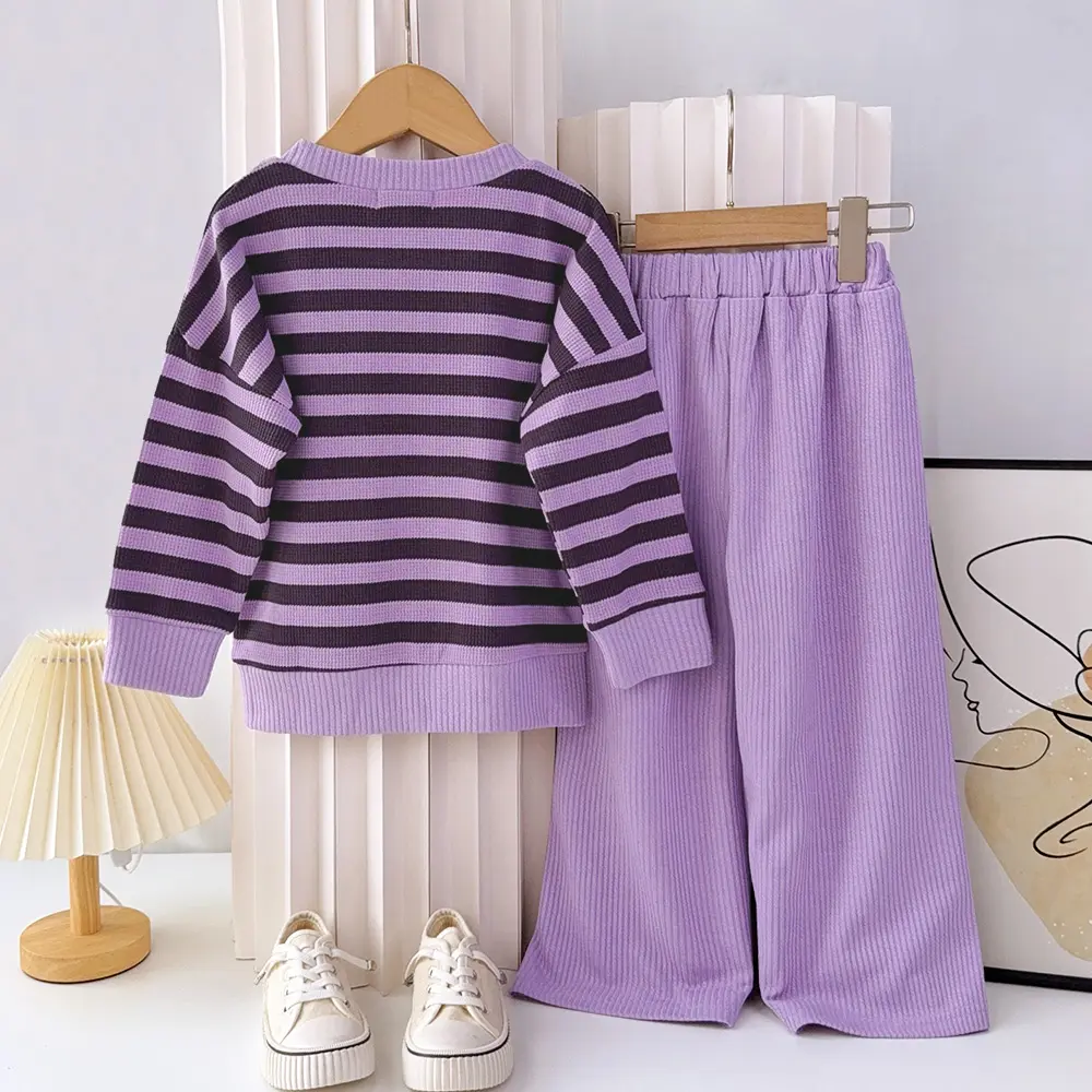 Bear Leader Girls' Long Sleeve Set 2024 New Autumn Purple Striped Hooded Long Sleeve + Wide Leg Pants Fashion Casual 2P Set