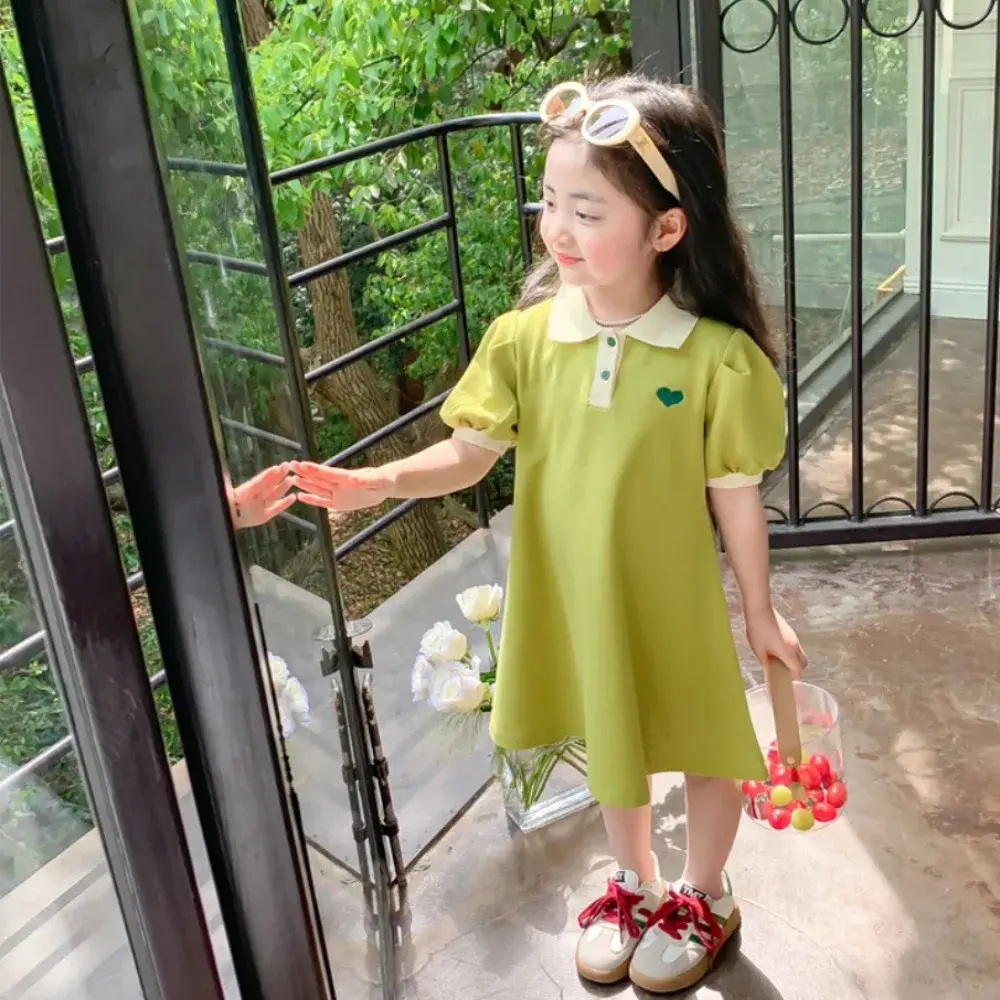 Bear Leader Fashion Love Printed Girls Dress Short Sleeve Collar Solid Color Children's Wear Summer Daily Casual Kids Dresses