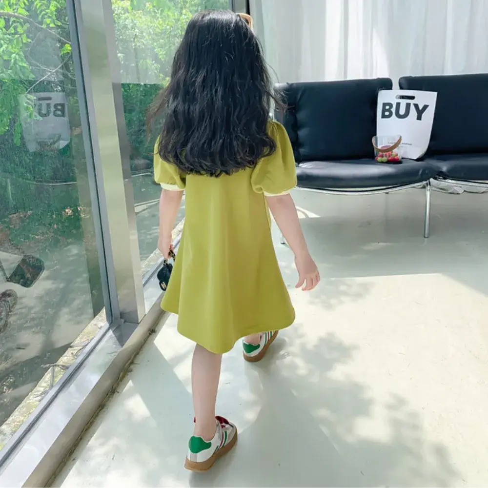 Bear Leader Fashion Love Printed Girls Dress Short Sleeve Collar Solid Color Children's Wear Summer Daily Casual Kids Dresses