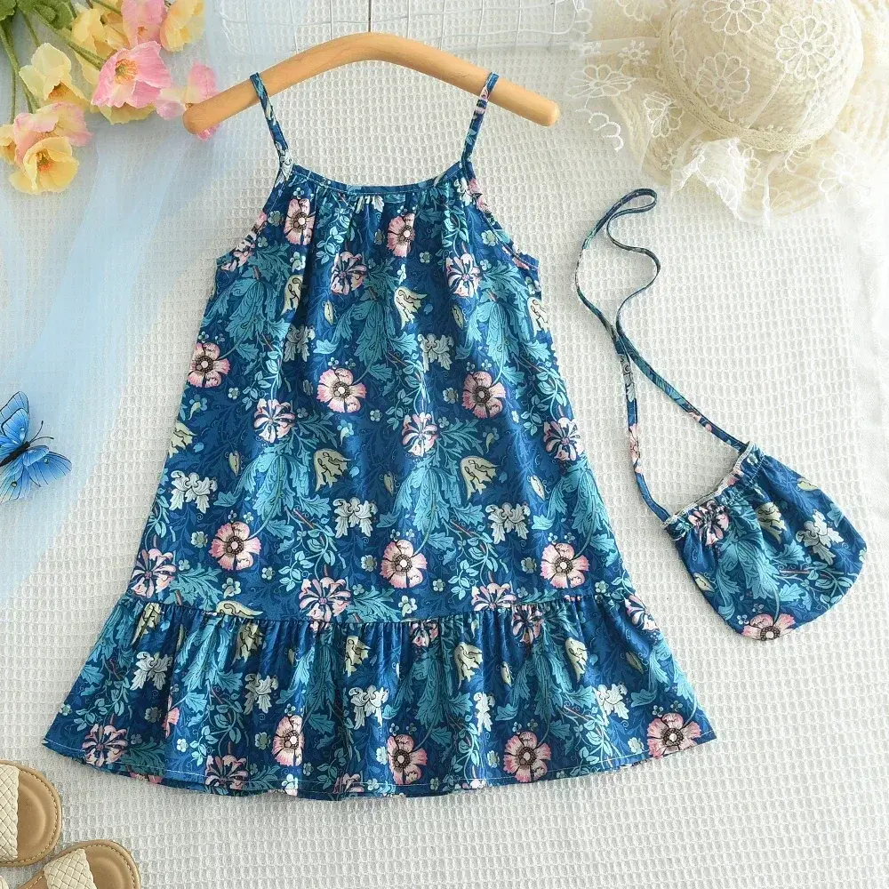 Summer Girls Fashion Flower Print Sweet Suspender Dress + Bag 2 Pcs Set 3-7 Years Children Vacation Casual Cute Clothing