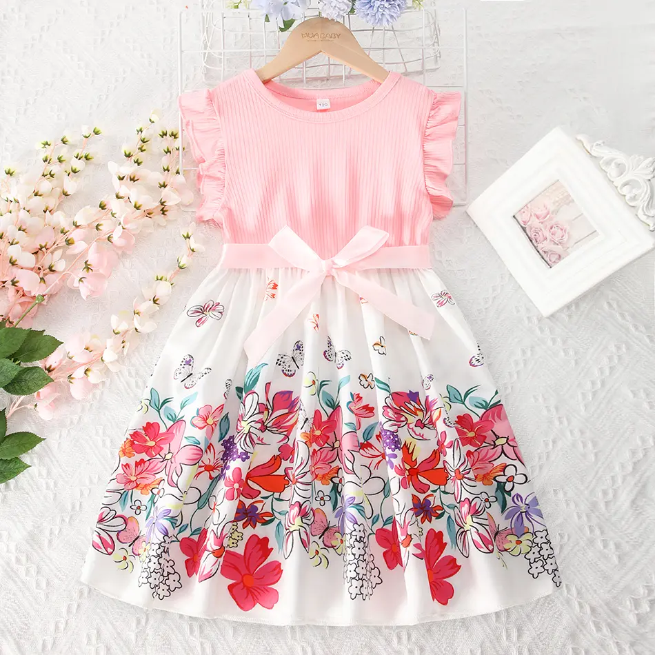 2025 Girls Summer Print Flower Spliced ​Dress Birthday Ruffled Sleeveless Floral Princess Summer Dresses For 2-10Y Baby Girl