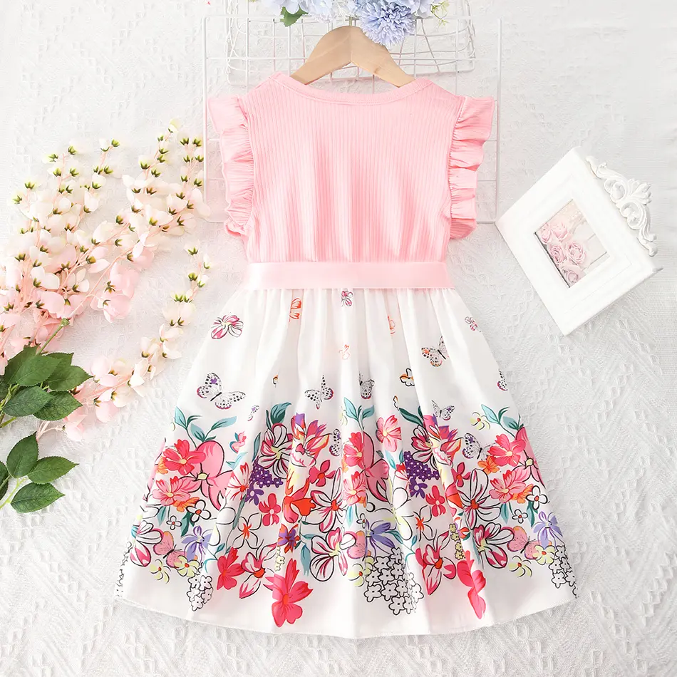 2025 Girls Summer Print Flower Spliced ​Dress Birthday Ruffled Sleeveless Floral Princess Summer Dresses For 2-10Y Baby Girl
