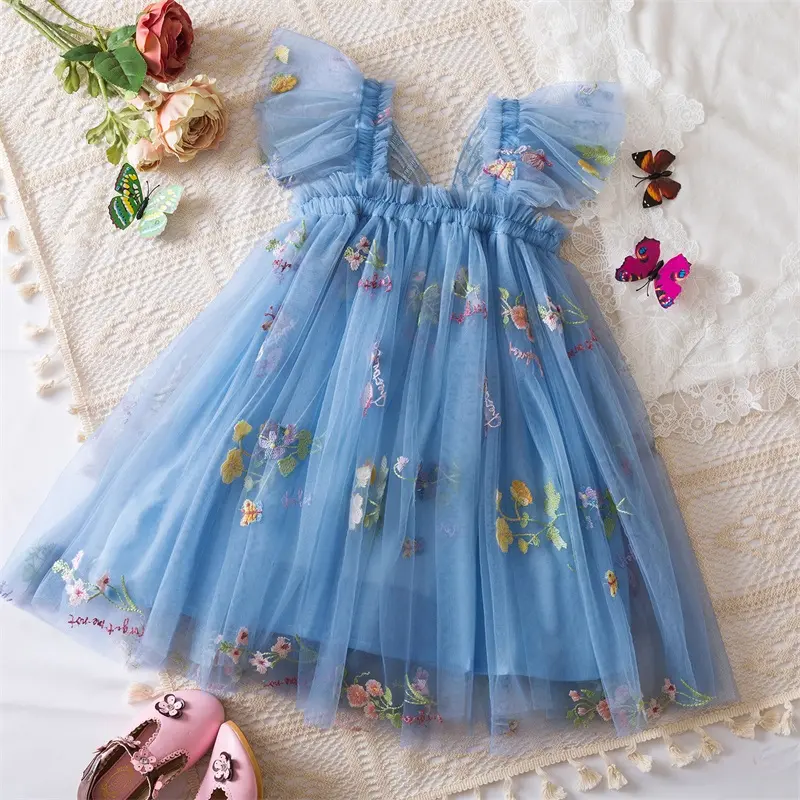 Lovely Girl Sling Butterfly Princess Tulle Dress Baby Girls Floral Embroidery Summer Dresses Kids Blue Party Dress for 0-5 Years