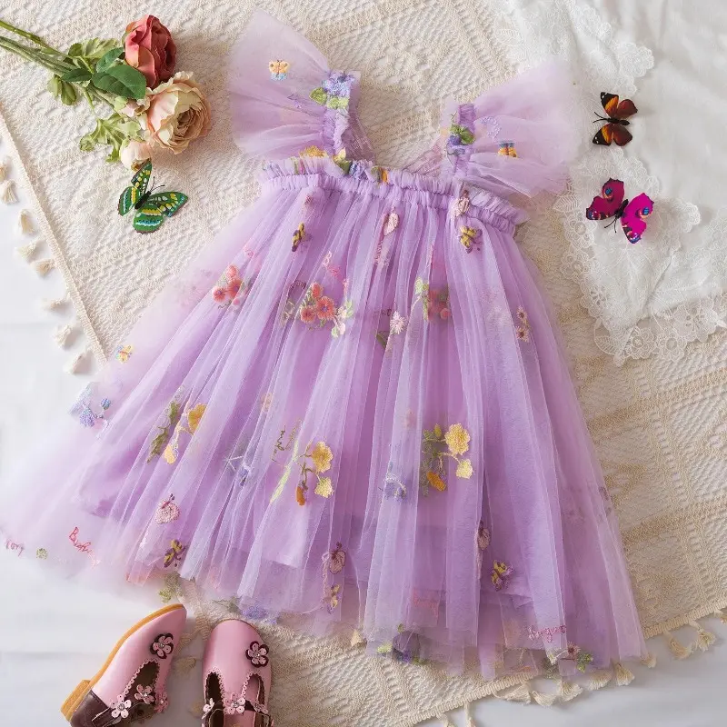 Lovely Girl Sling Butterfly Princess Tulle Dress Baby Girls Floral Embroidery Summer Dresses Kids Blue Party Dress for 0-5 Years
