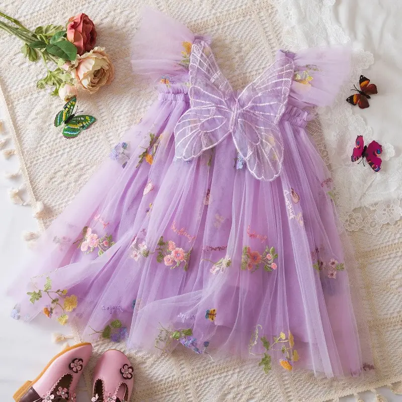 Lovely Girl Sling Butterfly Princess Tulle Dress Baby Girls Floral Embroidery Summer Dresses Kids Blue Party Dress for 0-5 Years