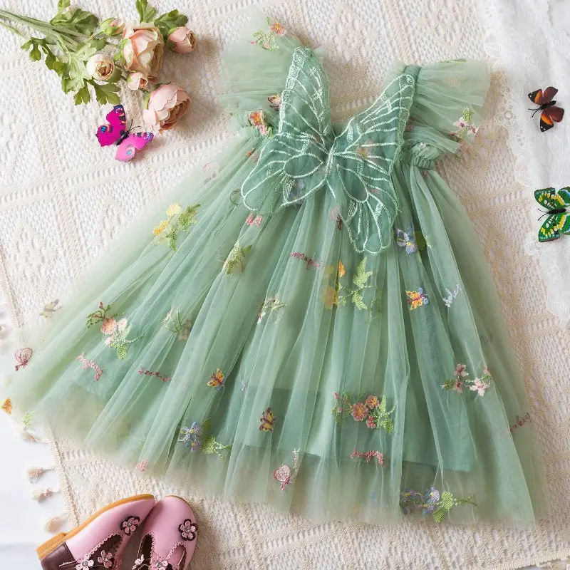 Lovely Girl Sling Butterfly Princess Tulle Dress Baby Girls Floral Embroidery Summer Dresses Kids Blue Party Dress for 0-5 Years