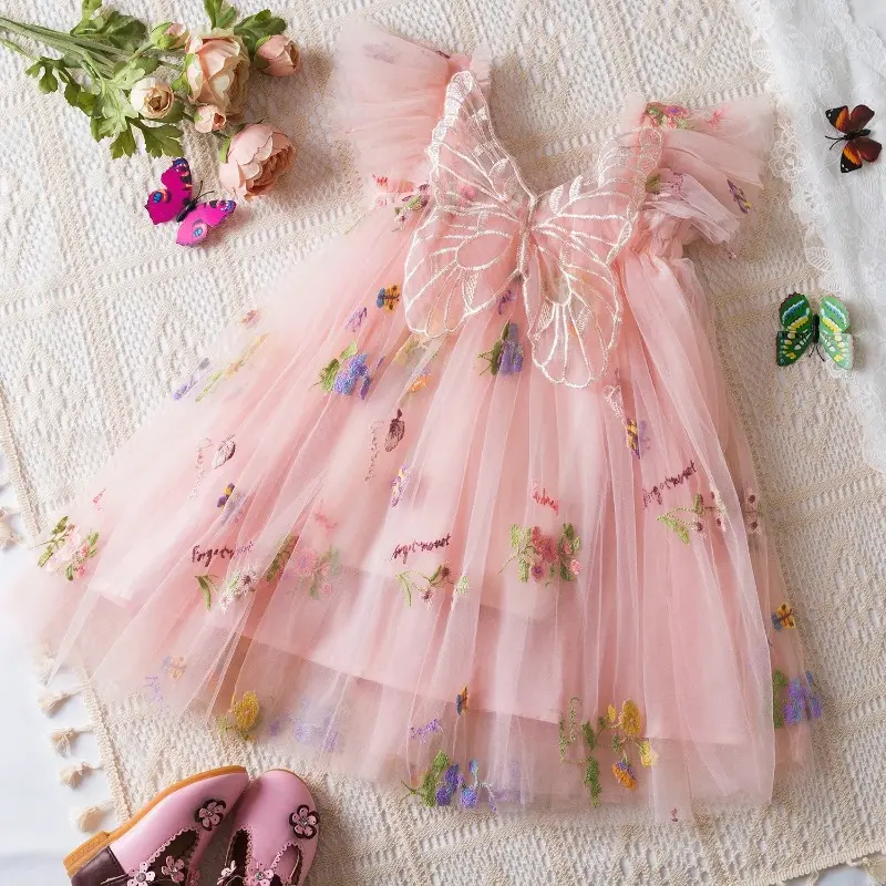Lovely Girl Sling Butterfly Princess Tulle Dress Baby Girls Floral Embroidery Summer Dresses Kids Blue Party Dress for 0-5 Years