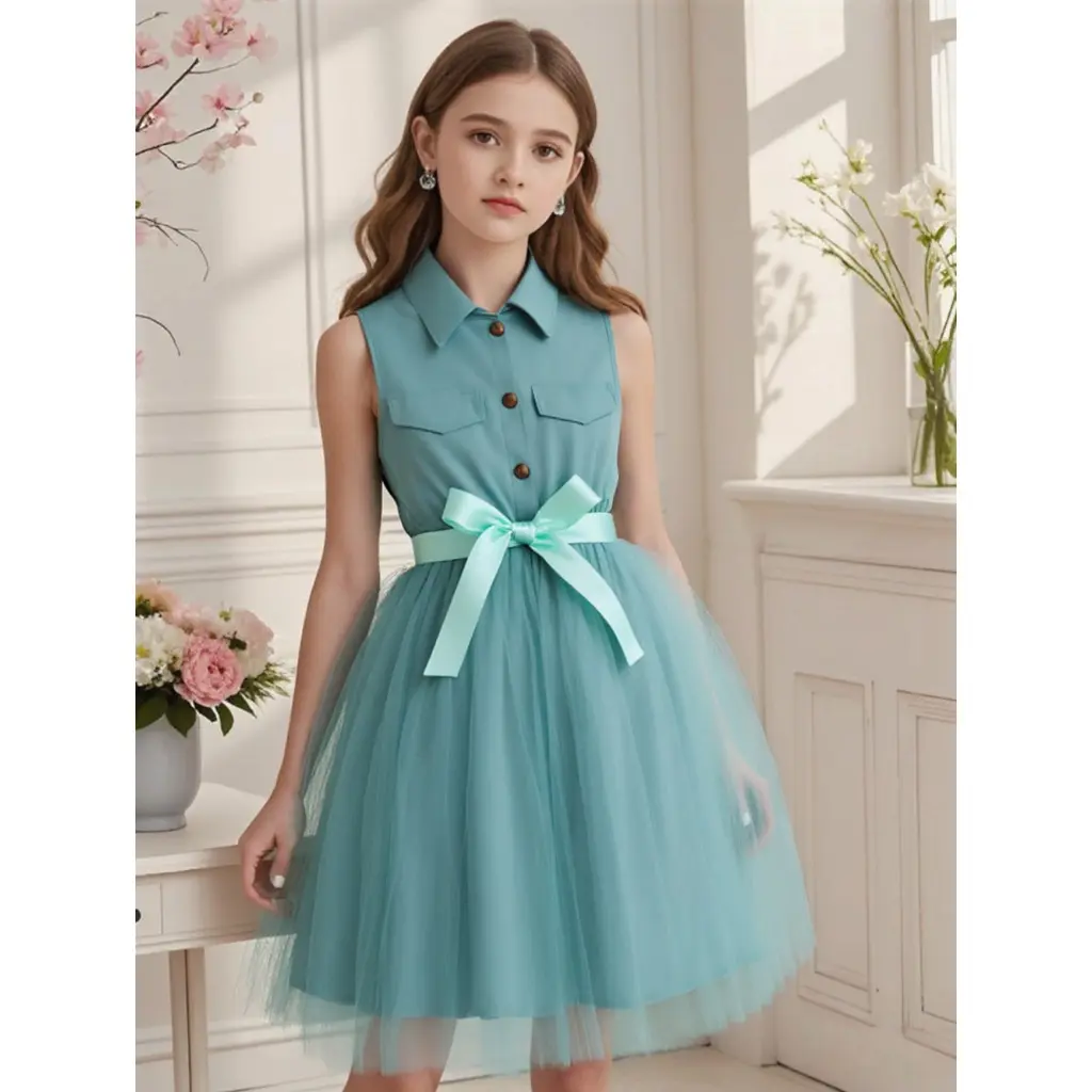 Teen Girl Khaki Dress Summer Sleeveless Fashion Mesh Children Dresses Casual Vacation Elegant Princess Dress  7 8 9 10 11 12 Yrs