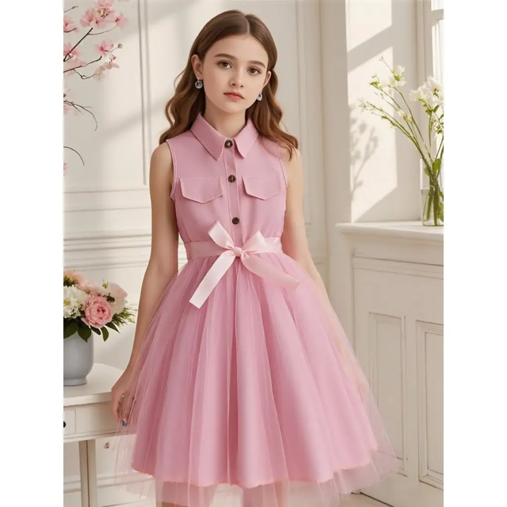Teen Girl Khaki Dress Summer Sleeveless Fashion Mesh Children Dresses Casual Vacation Elegant Princess Dress  7 8 9 10 11 12 Yrs