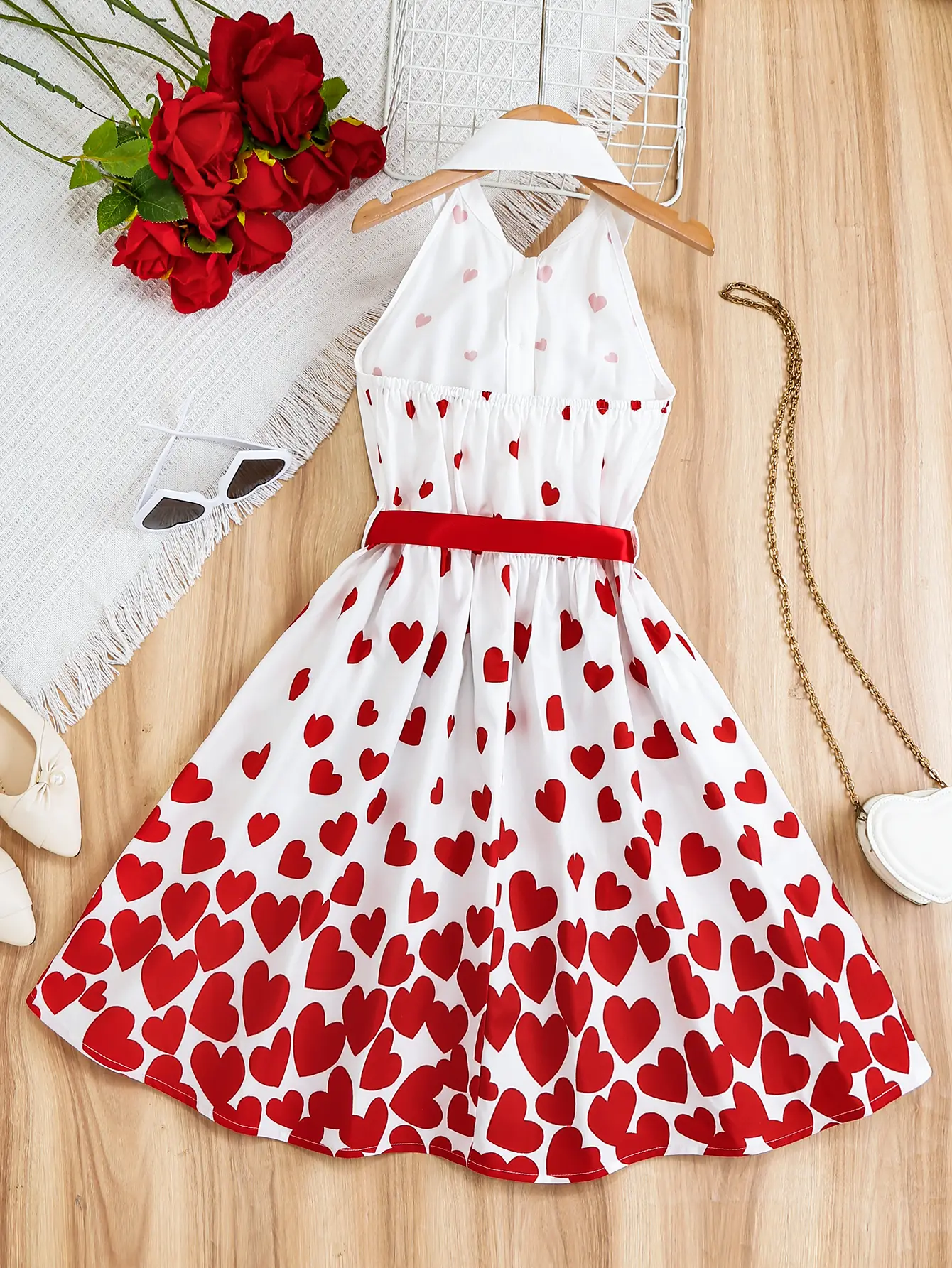 Girls Dresses Tween Kids Summer Outfits Casual  Stand Collar Dress Cute Heart Print A line Dress Girl Clothes