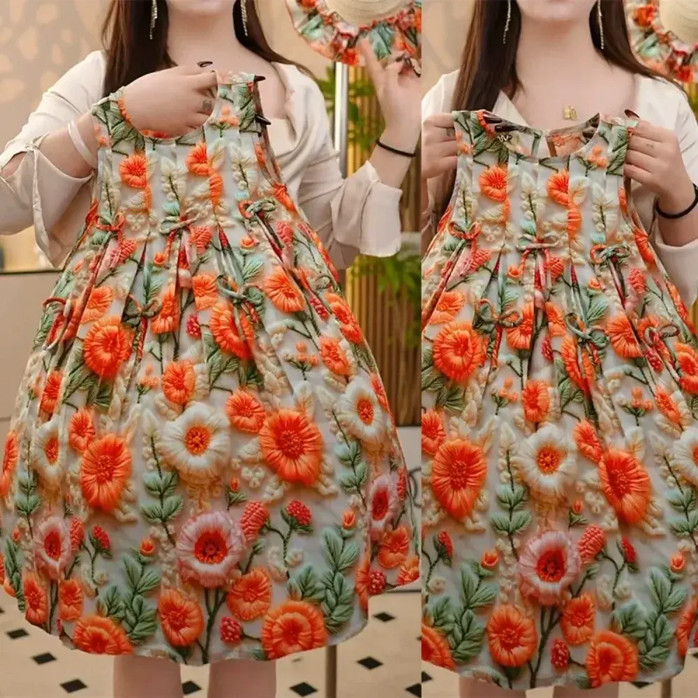 Summer Korean Version Girls Fashion Retro Flower Print Sleeveless Dress 1 Pc 2-7 Years Children Vacation Casual Cute Clothing