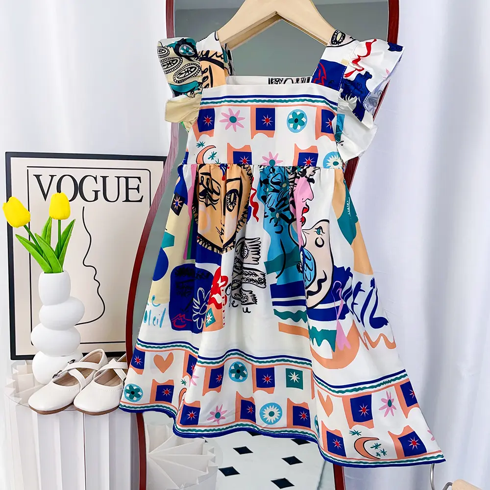 3-11 Years Kids Clothes Summer Fashion New Sleeveless Graffiti Printed Square Collar Princess Dress 1 Pc Girls Cute Casual Wear