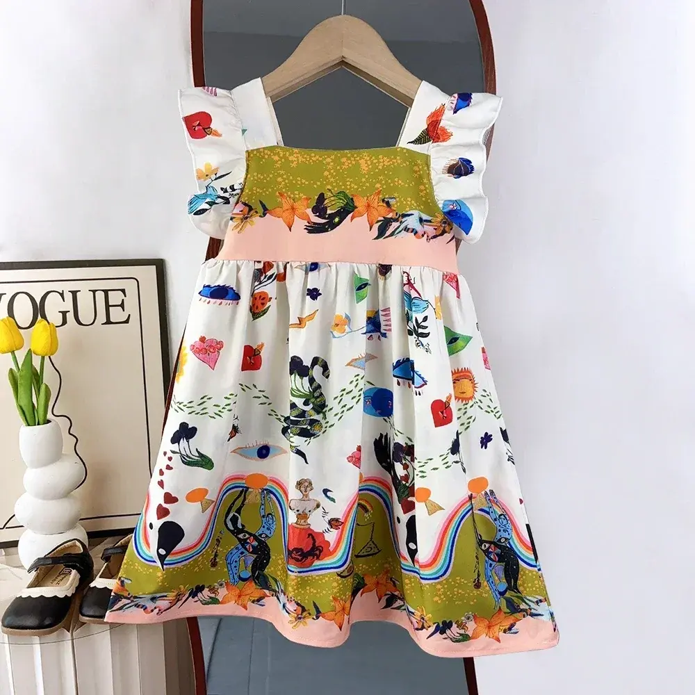 3-11 Years Kids Clothes Summer Fashion New Sleeveless Graffiti Printed Square Collar Princess Dress 1 Pc Girls Cute Casual Wear
