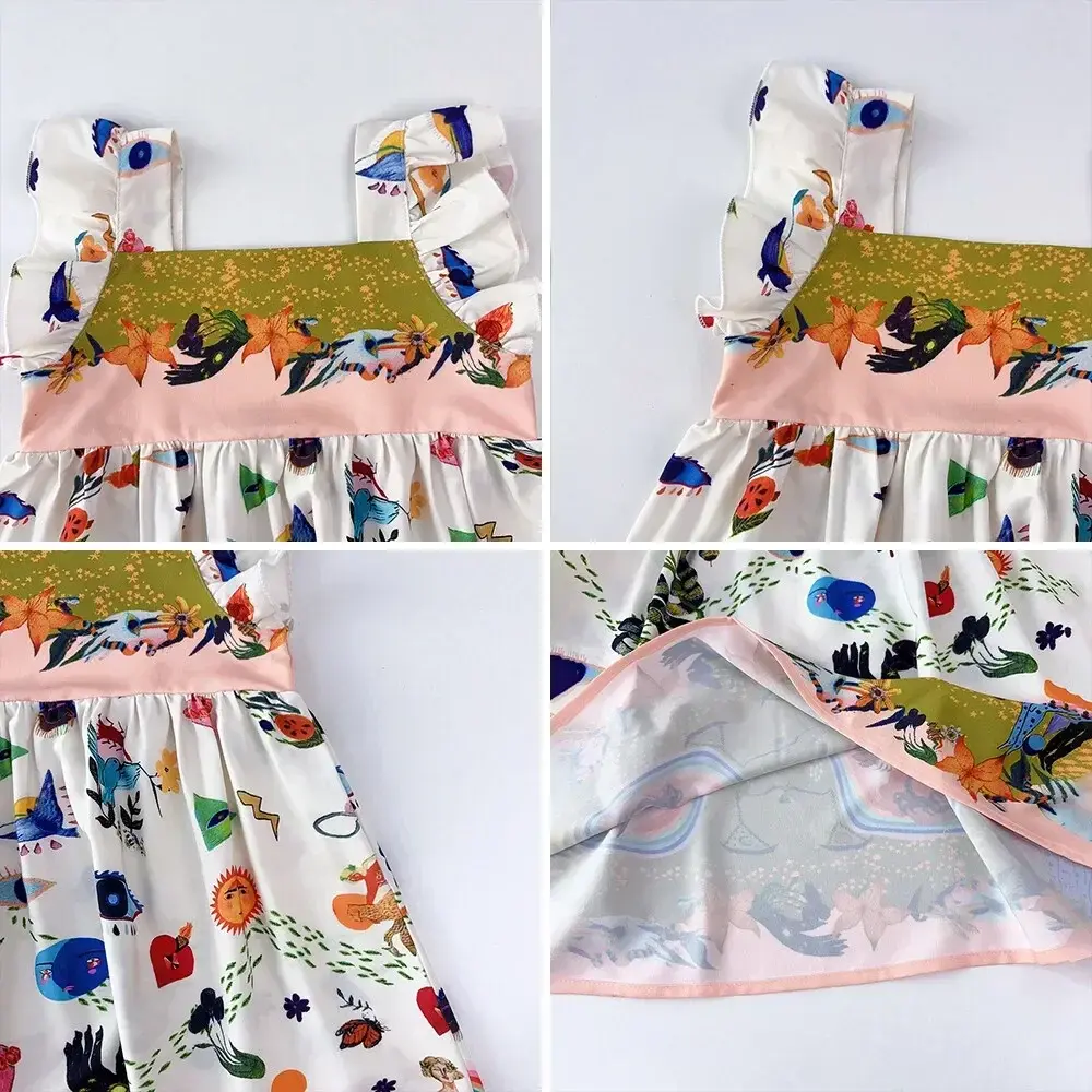 3-11 Years Kids Clothes Summer Fashion New Sleeveless Graffiti Printed Square Collar Princess Dress 1 Pc Girls Cute Casual Wear