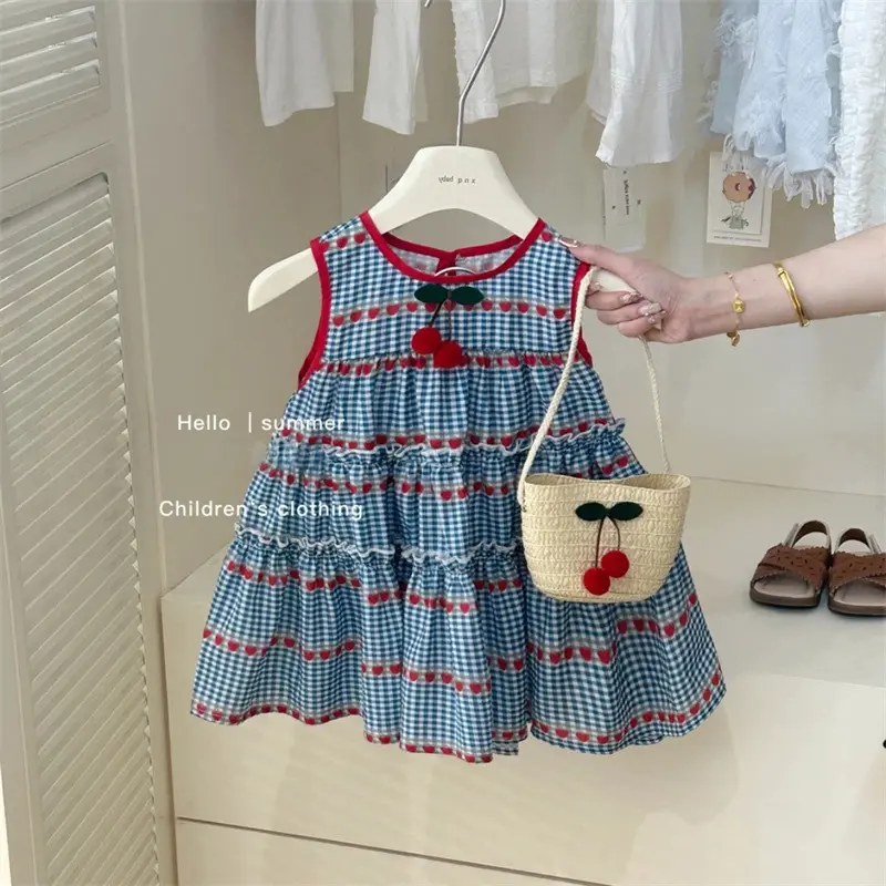 Summer Baby Girl Dress Cute Plaid Strawberry Print Sleeveless Girl Dress Sweet Cherry Girl Princess Dress With Bag