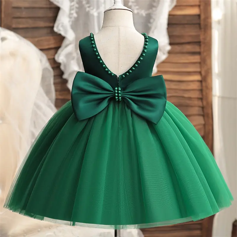 Baby Girl Dress Big Bow Pearls Backless 1st Birthday Party Dress Infant Girl Princess Wedding Tulle Gown Baptism Dress for 1-5Y