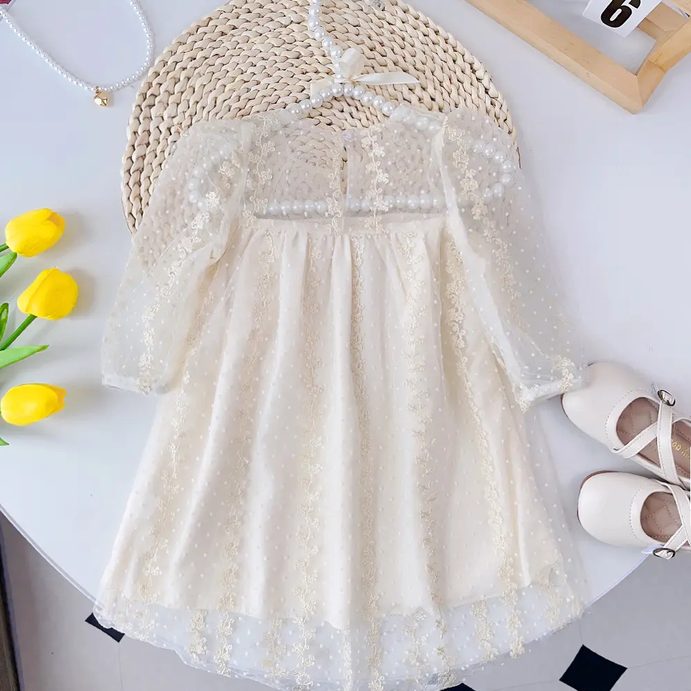 Beige Sweet Girl Summer New Mesh Flower Embroidered Long Sleeve Princess Dress 1-5 Year Old Children's Party Solid Color Clothes