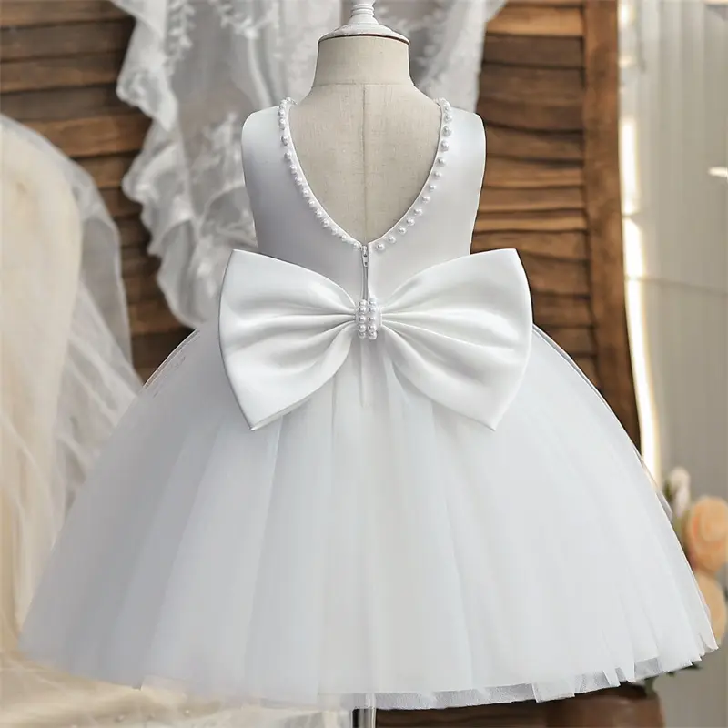 Baby Girl Dress Big Bow Pearls Backless 1st Birthday Party Dress Infant Girl Princess Wedding Tulle Gown Baptism Dress for 1-5Y