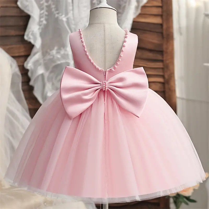Baby Girl Dress Big Bow Pearls Backless 1st Birthday Party Dress Infant Girl Princess Wedding Tulle Gown Baptism Dress for 1-5Y