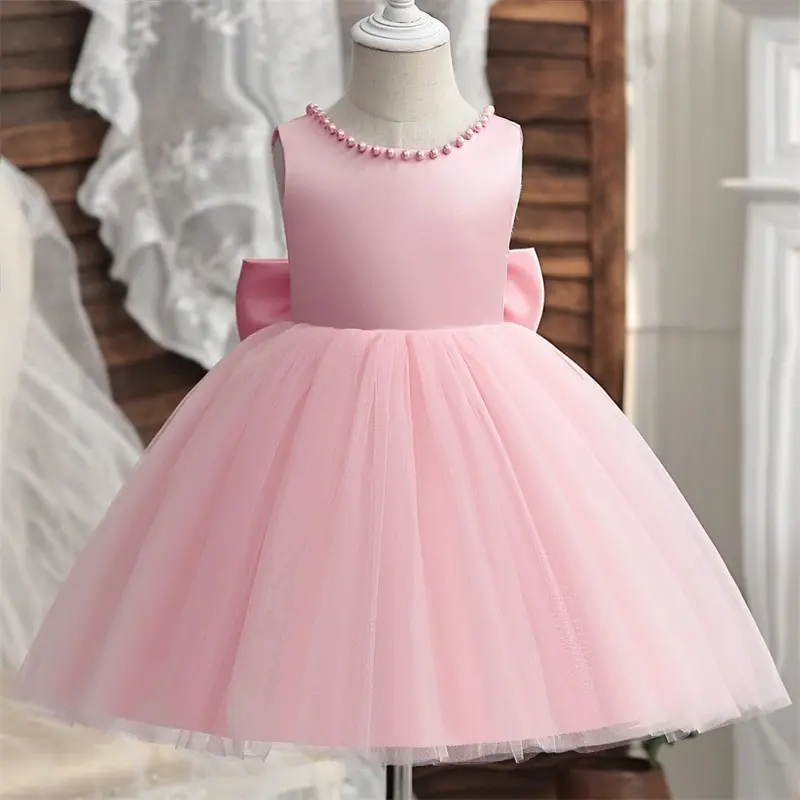 Baby Girl Dress Big Bow Pearls Backless 1st Birthday Party Dress Infant Girl Princess Wedding Tulle Gown Baptism Dress for 1-5Y