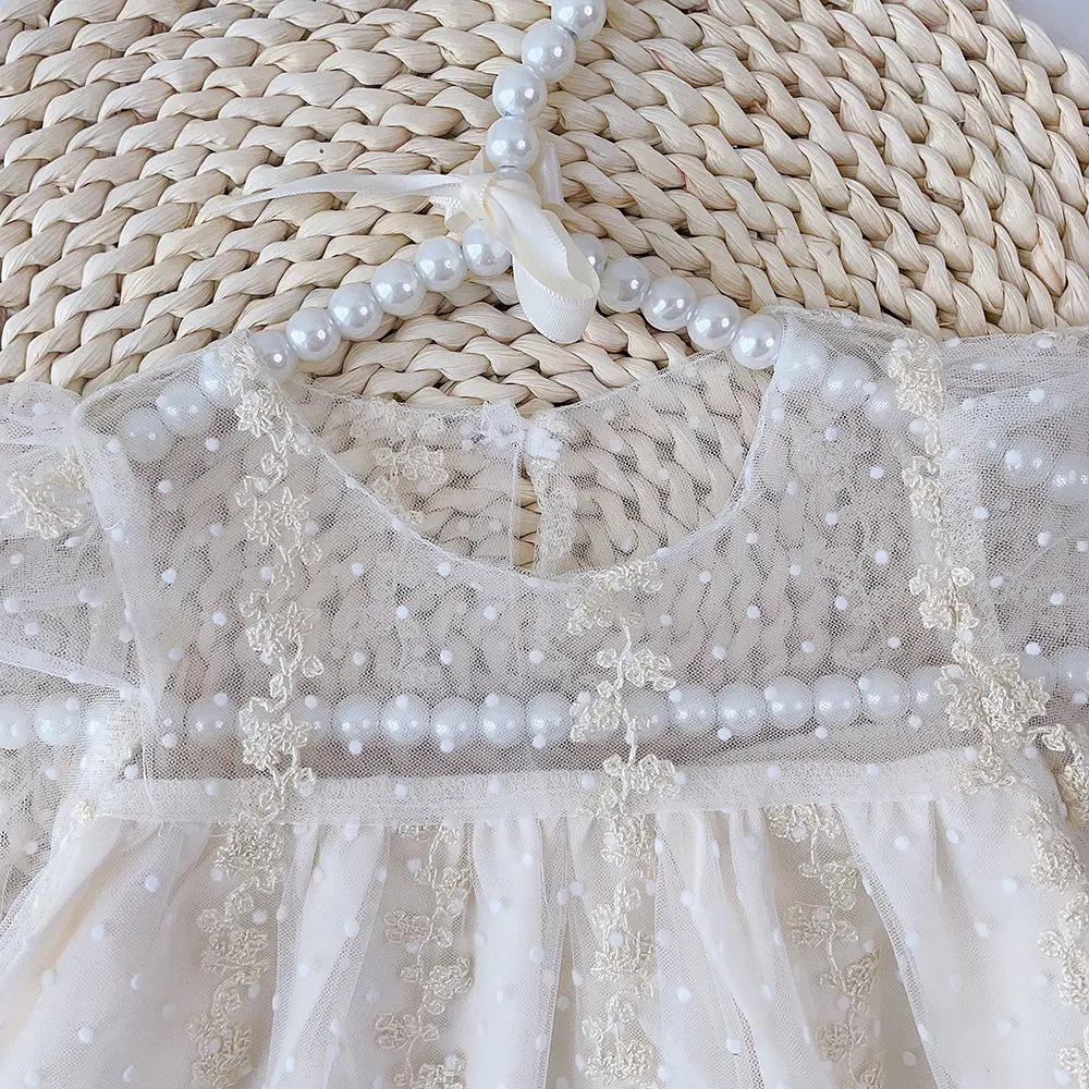 Beige Sweet Girl Summer New Mesh Flower Embroidered Long Sleeve Princess Dress 1-5 Year Old Children's Party Solid Color Clothes