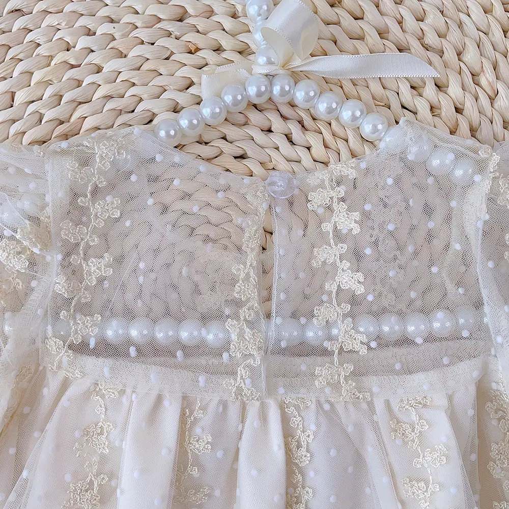 Beige Sweet Girl Summer New Mesh Flower Embroidered Long Sleeve Princess Dress 1-5 Year Old Children's Party Solid Color Clothes